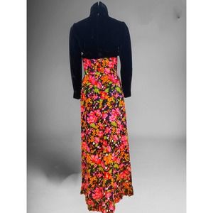 60s Velvet and Barkcloth Floral Maxi Dress